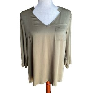 Lisa Rinna Collection Stretch Woven Open-Neck Blouse Dark Olive Size M